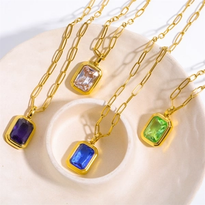 Stainless Steel Rectangle Zircon Pendant Necklace Paperclip Chain 18K Gold Plated Geometric Elegant Jewelry For Women