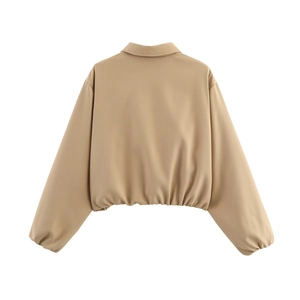 Back view of a stylish khaki long sleeve puffer jacket with elastic hem and cuffs