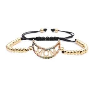 Adjustable golden bracelet with moon MOM charm and rainbow cubic zirconia stones