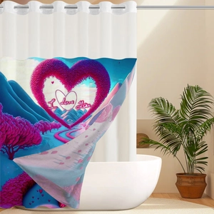 Detail of waffle weave shower curtain featuring a purple heart tree and silver metal rings