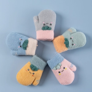 Colorful winter warm plush gloves for kids with cute smiley faces and leaf design