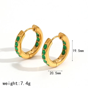 Orecchini a cerchio in acciaio inossidabile dorato con zirconi verdi, 20,5 mm