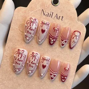 Press On Nails Plastic Almond French Red Heart Faux Artificial Pearl Bow Romantic Valentine Day Art False Fingernails