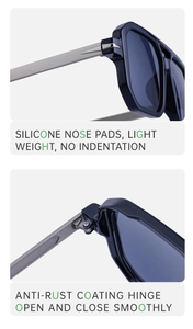 Detail view of silicone nose pads and anti-rust coating hinge on square sunglasses