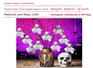 Detailed view of Halloween ghost charms with hemp rope and cloth, 25cm length, 10pcs set