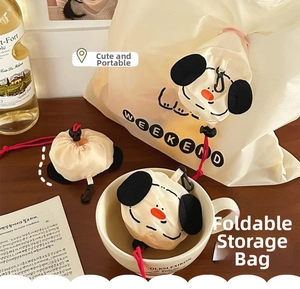 Foldable cartoon puppy shopping bag showing unfolded capacity and compact folded shape