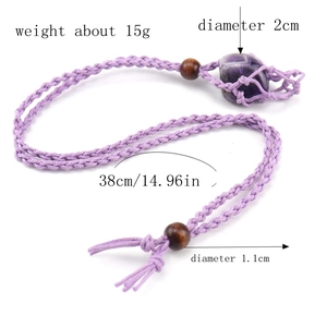 Detailed size parameters of adjustable woven necklace with purple raw stone and wooden beads