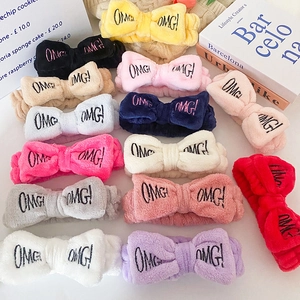 OMG Letter Embroidery Bow Headband Soft Coral Fleece Elastic Face Washing Makeup Skincare Spa Head Wrap For Women