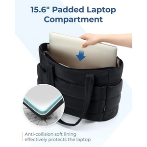 Black padded tote bag with 15.6 inch laptop compartment, stylish and large capacity.