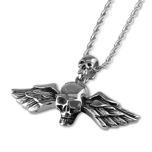 Pendentif crâne gothique en acier titane avec ailes d'ange sur collier chaîne torsadée