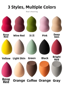 Matrix display of teardrop, gourd, and slanted cut makeup sponges in fifteen vibrant colors