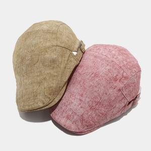 Breathable cotton linen flat caps in beige and pink with adjustable metal buckles