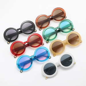 Fashionable round frame sunglasses in various colors featuring thick frames and metal accents