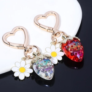 Detail of red and iridescent crystal strawberry charms with gold heart clasps