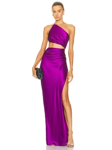 Detail of purple satin one-shoulder dress with sexy waist cutout and high side slit