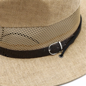 Breathable beige straw fedora with brown crocodile texture band and metal buckle detail