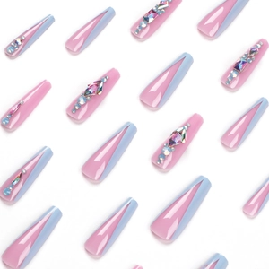 Long ballerina press-on nails in pink and light blue with decorative rhinestones