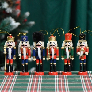 Set of 6 wooden nutcracker soldier ornaments in colorful uniforms for Christmas decor
