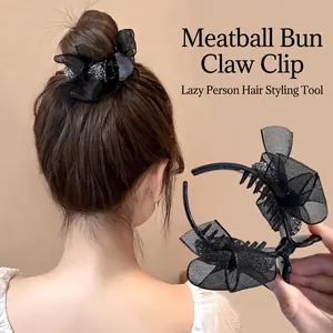 Elegant black mesh flower hair claw clip for bun hairstyles with silver glitter accents