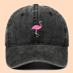 Vintage washed cotton baseball cap with pink flamingo embroidery for outdoor sun protection