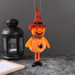 Halloween plush pumpkin hanging ornament with orange spiderweb hat and scarf for party decor
