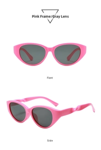 Rosafarbene Cat-Eye-Sonnenbrille mit grauen Gläsern und markanten, gedrehten Bügeln