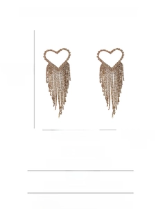 Detailed spec sheet for long heart tassel earrings featuring S925 silver needles and crystal