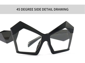 Detailed 45-degree side view of black geometric cat-eye glasses frame with glossy finish