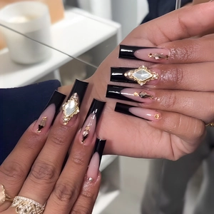 Long Coffin Press On Nails Black French Tips With Rhinestone And Gold Alloy Luxury Charm Elegant Fashionable