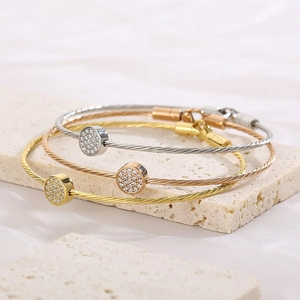 Three-piece stainless steel cable wire bracelet set with zircon inlaid round charms