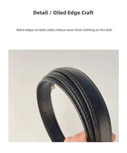 Detailed view of black genuine leather belt with smooth edge oil process and fine texture