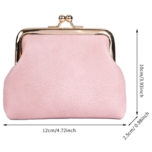 Pink faux leather mini wallet with vintage gold metal clasp and dimensions shown