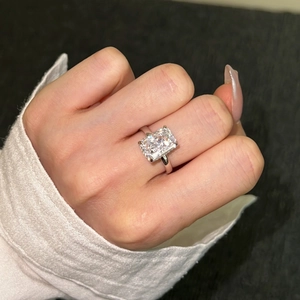 Detailed view of an S925 sterling silver ring featuring a radiant cut rectangle gemstone