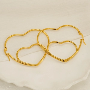 Boucles d'oreilles créoles coeur dorées à double couche en acier inoxydable minimaliste