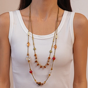Double Layer Beaded Necklace Ceramic Glass Resin Flower Pendant Retro Bohemian Ethnic Long Sweater Chain For Women