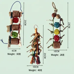 Three natural wooden bird chew toys with rattan balls and loofah for parrots and cockatiels