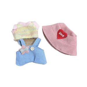 Pink corduroy hat and striped knit dress set for Labubu doll sitting party series