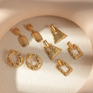 Stainless Steel Geometric Stud Earrings Hammered Texture Hollow Out Gold Plated Chic Vintage Minimalist Party Jewelry For Women