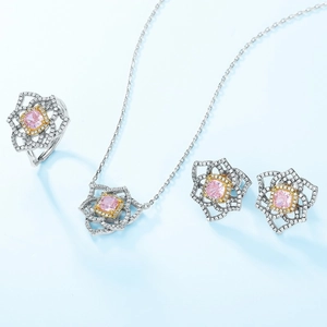 Elegant S925 silver jewelry set with pink ice flower cut carbon diamond ring and necklace