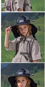 Dettaglio cappello sole mimetico per bambini con tesa larga e cinturino sottogola regolabile