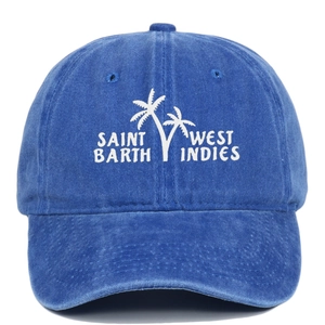 Detailed view of Saint Barth palm tree embroidery on dark blue washed cotton baseball cap