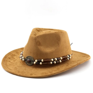 Brown Western cowboy felt hat with turquoise beads and suede finish on white background