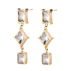 Elegant gold stainless steel drop earrings with rectangular zircon stones for women
