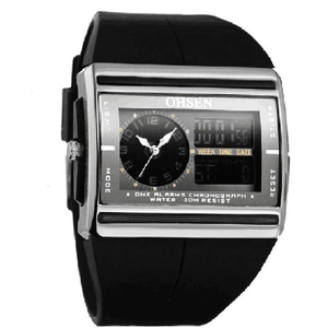 Dual display digital analog sports watch with silver metal case and black rubber strap