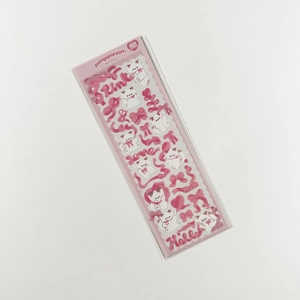 Detail of holographic laser pink cat sticker with cute ribbons and hearts for scrapbooking