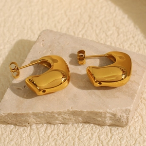 Chunky C Shape Earrings Stainless Steel 18K Gold Plated Geometric Irregular Minimalist Liquid Metal Style For Women
