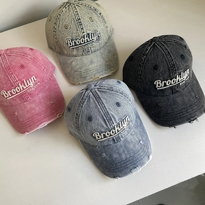 Washed Distressed Denim Baseball Cap Brooklyn 3D Embroidery Retro Hole Peaked Hat Adjustable Unisex Streetwear