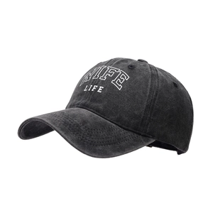 Vintage washed charcoal baseball cap with white WIFE LIFE embroidery at 45-degree angle