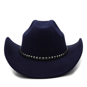 Detail of dark blue wool fedora hat featuring black leather band with silver square studs