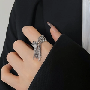 Detailed view of silver stainless steel ring with multi-layer beaded tassel design